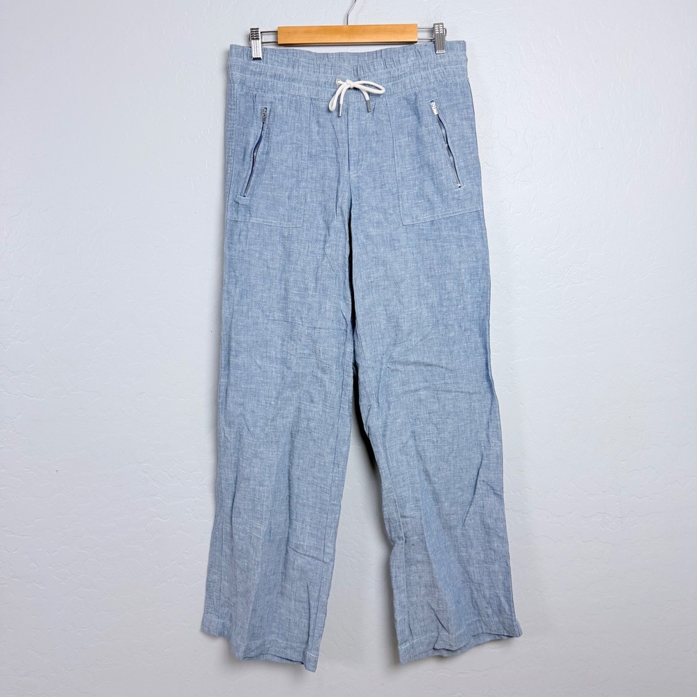 Athleta Women 6 Tall Blue 100% Linen Wide Leg Drawstring Pants Zipper Pockets